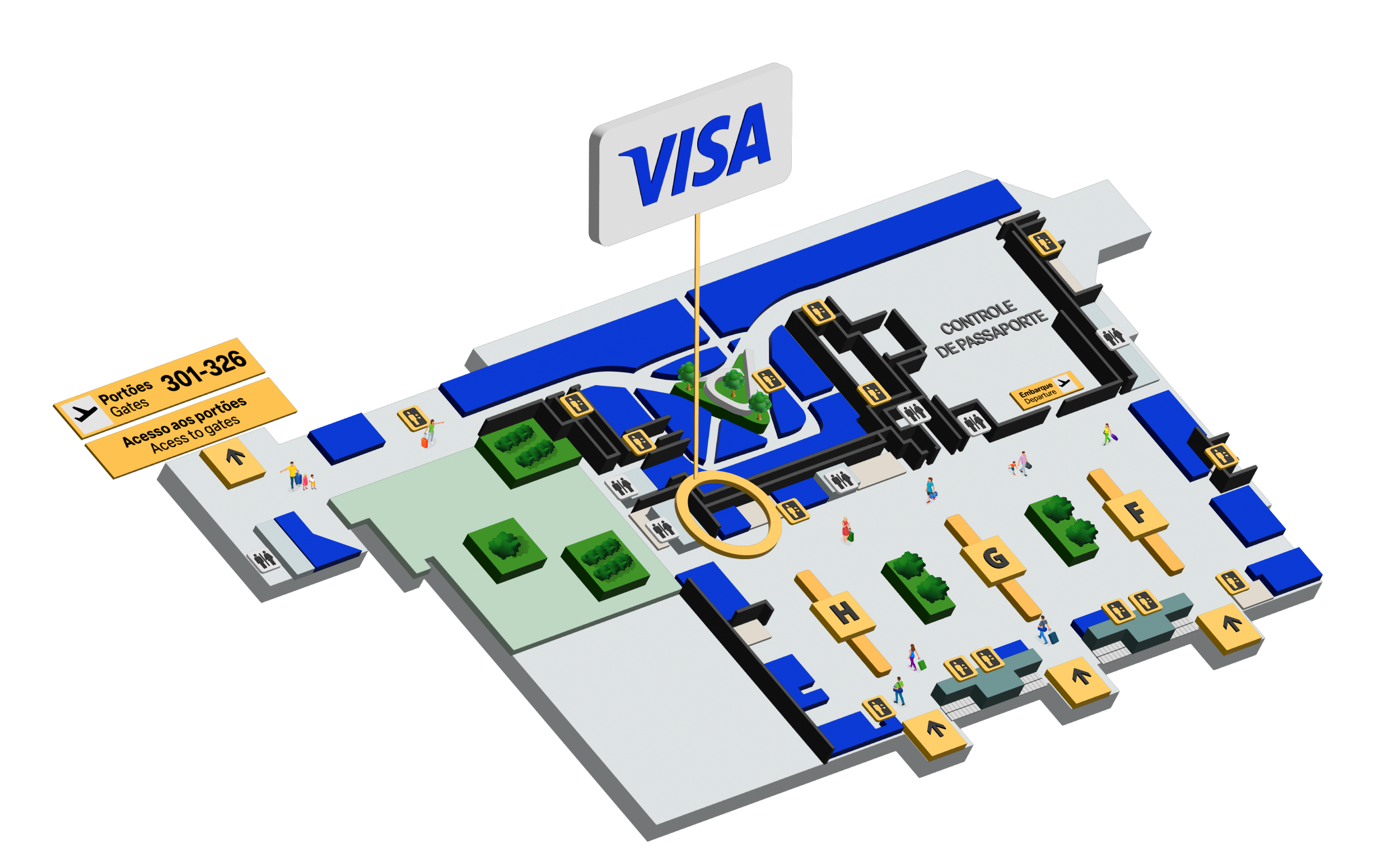 Ilustração de um mapa do aeroporto de Guarulhos com direcionamentos ao VISA Lounge